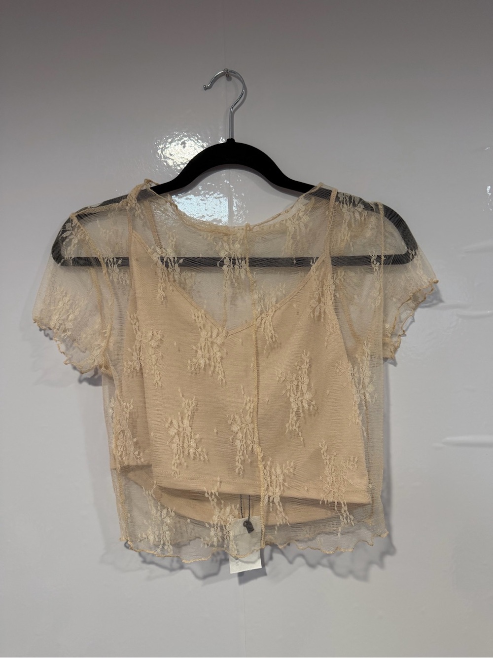 Sheer Lace-Detail Short Sleeve Top Miou Muse in Cream NEW